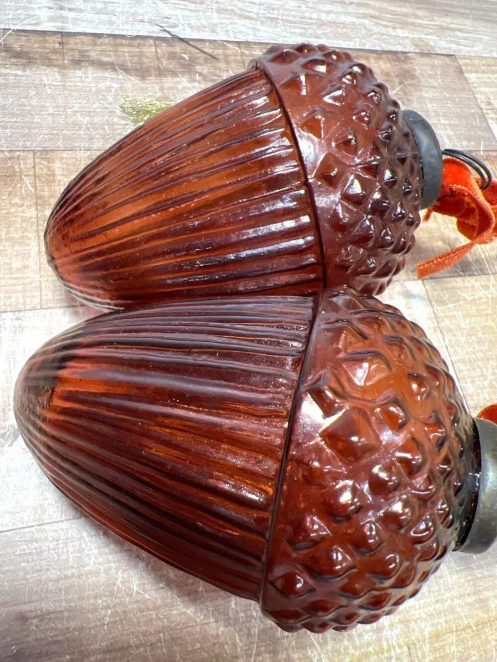Vintage Brown Glass Acorn Ornament Set With Textured Detailing Rustic Fall Décor